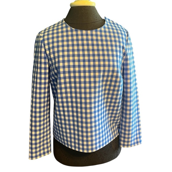 Diane Von Furstenberg Blue White Gingham Check Long Sleeve Top Size 8 EUC - Picture 2 of 11